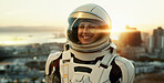 Woman, portrait and astronaut in city for future survival, planet dystopia and spacesuit of aerospace mission. Earth. person and view for emergency safety, sci fi journey or adventure of urban travel