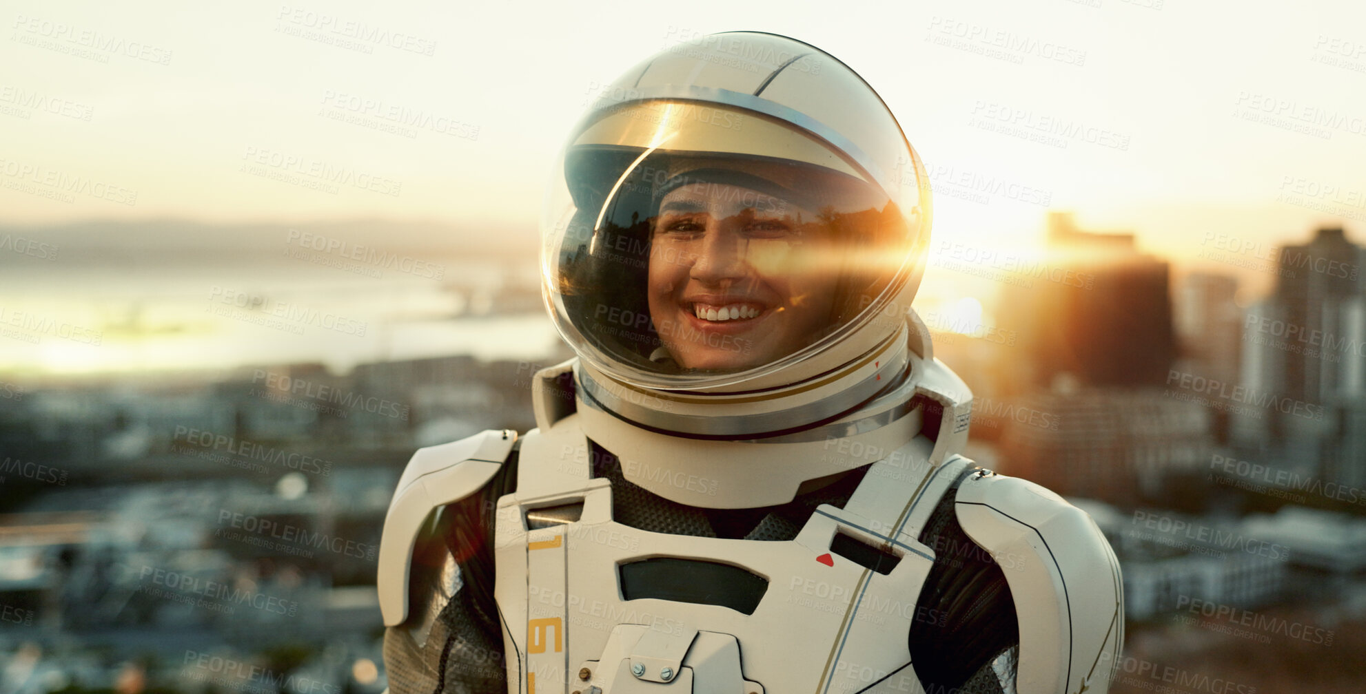 Buy stock photo Woman, portrait and astronaut in city for future survival, planet dystopia and spacesuit of aerospace mission. Earth. person and view for emergency safety, sci fi journey or adventure of urban travel