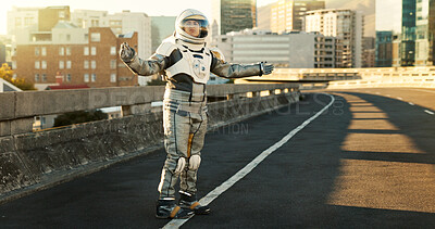 Buy stock photo Earth, travel and astronaut lost in city with future dystopia, road and planet discovery. Space, street and person in cosplay suit on urban highway adventure for research, science and sci fi universe