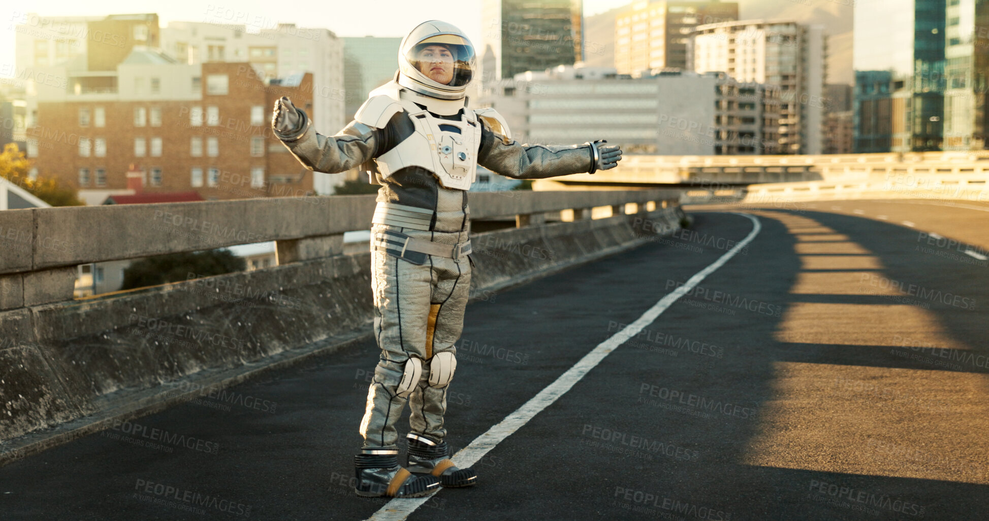 Buy stock photo Earth, travel and astronaut lost in city with future dystopia, road and planet discovery. Space, street and person in cosplay suit on urban highway adventure for research, science and sci fi universe