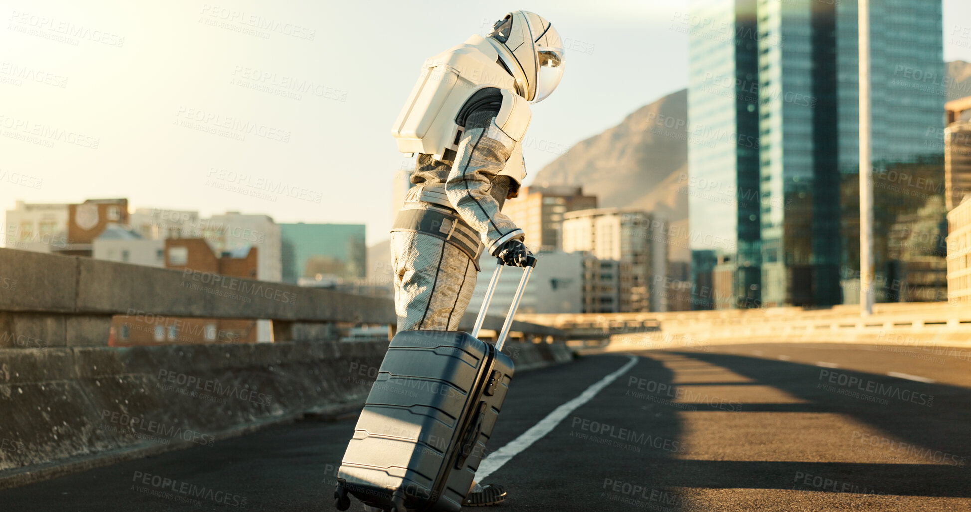 Buy stock photo Person, astronaut and luggage in city for travel survival, planet dystopia and spacesuit of aerospace mission. Earth, road and suitcase for emergency safety, sci fi journey and adventure of explore
