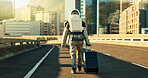 Woman, astronaut and suitcase in city for travel survival, planet dystopia and spacesuit of aerospace mission. Back, person and luggage for emergency safety, sci fi journey and adventure of explore