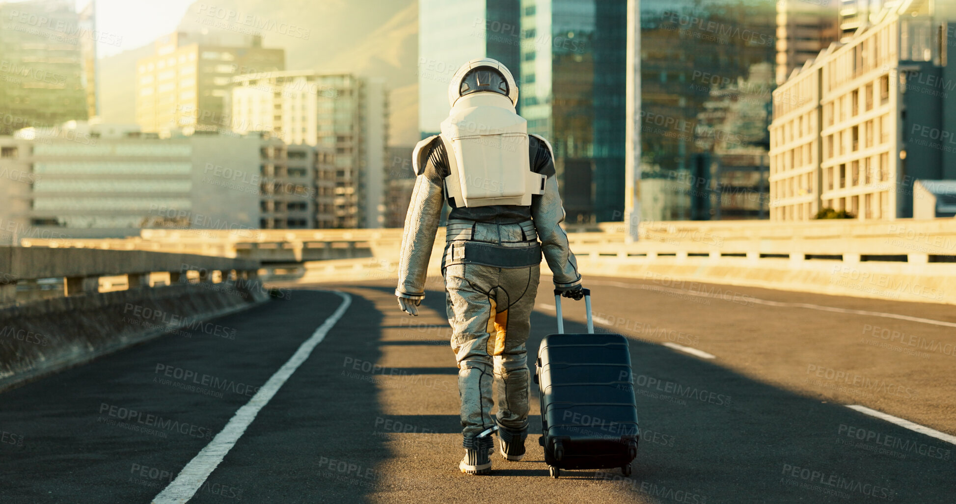 Buy stock photo Astronaut, person and suitcase in city for travel survival, planet dystopia and spacesuit of aerospace mission. Back, highway and luggage for emergency safety, sci fi journey and adventure of explore