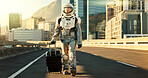 Astronaut, woman and suitcase in city for travel survival, planet dystopia and spacesuit of aerospace mission. Earth, person and luggage with emergency safety, sci fi journey and adventure of explore