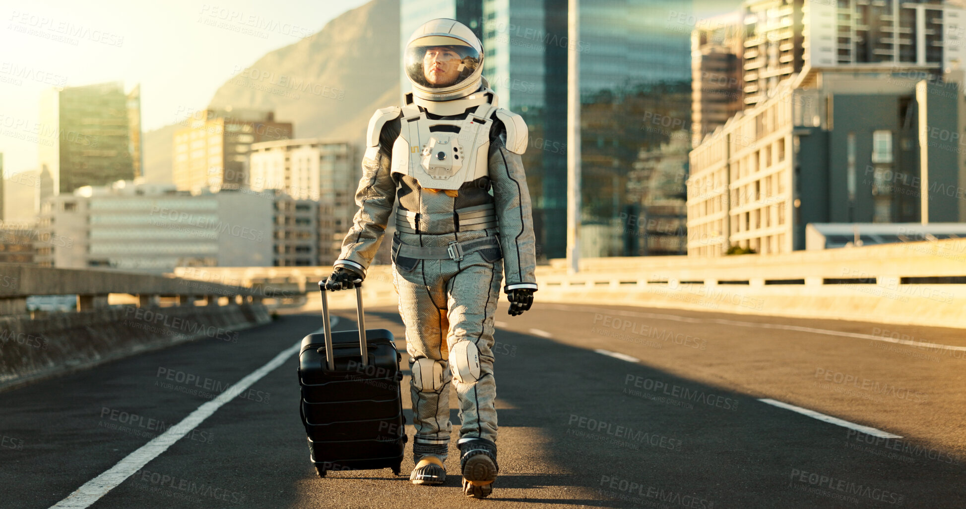 Buy stock photo Astronaut, woman and suitcase in city for travel survival, planet dystopia and spacesuit of aerospace mission. Earth, person and luggage with emergency safety, sci fi journey and adventure of explore