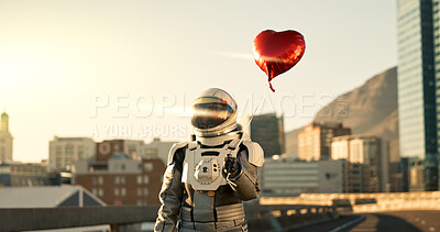 Buy stock photo Astronaut, outdoor and tourism of planet, travel and suit for protection, explore or mission in universe. City, journey and person in trip, spaceman and balloon for return to earth or science fiction