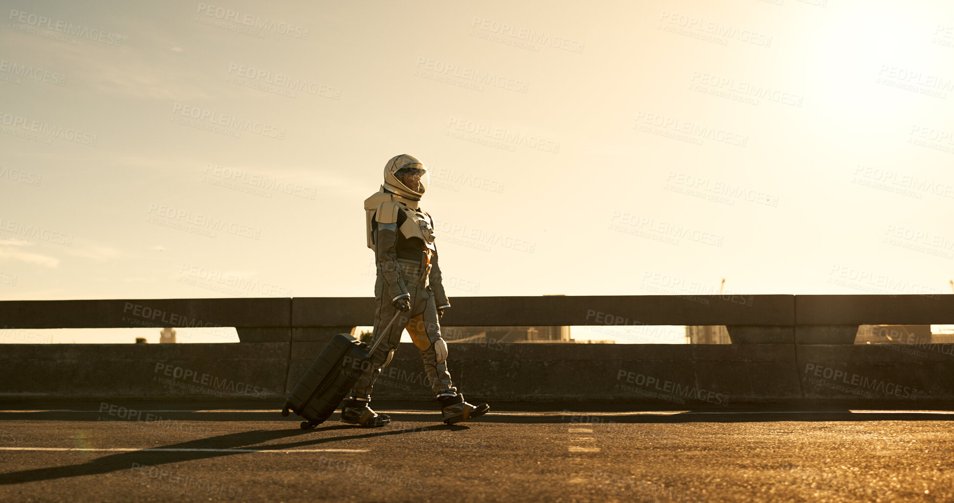 Buy stock photo Suitcase, travel and astronaut in city with future dystopia, road and planet discovery. Earth, street and person in cosplay suit on urban highway adventure for research, science and sci fi universe