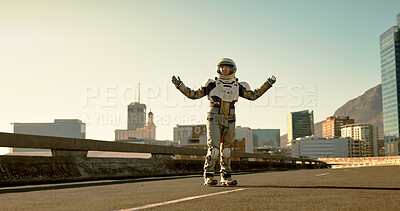 Buy stock photo Space, travel and astronaut lost in city with future dystopia, road and planet discovery. Earth, street and person in cosplay suit on urban highway adventure for research, science and sci fi universe