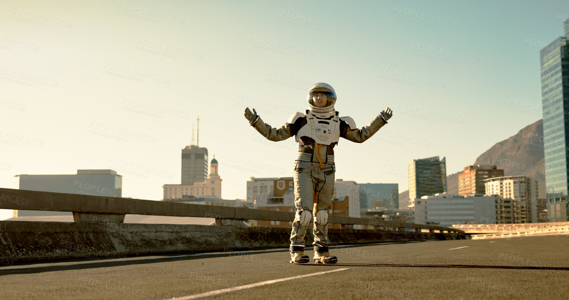 Buy stock photo Space, travel and astronaut lost in city with future dystopia, road and planet discovery. Earth, street and person in cosplay suit on urban highway adventure for research, science and sci fi universe