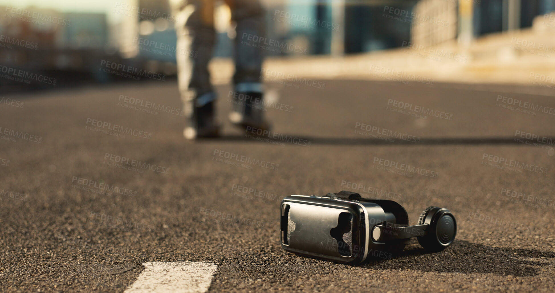 Buy stock photo Virtual reality, road and goggles in city for digital experience, gaming or cyber entertainment. Technology, connectivity and futuristic VR glasses for online streaming of world on street in town.