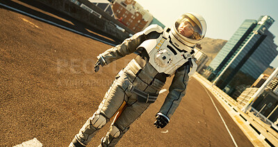 Buy stock photo Person, astronaut and outdoor on road in city with scientific research or mission and experiment for environment. Safety  gear, outside and sci fi for adventure, discovery and project with future