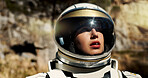 Nature, future and astronaut thinking outdoor on planet earth for exploration, adventure or travel. Space suit, dream and interstellar person in woods for discovery, plan or brainstorming for ideas.