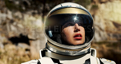 Buy stock photo Nature, future and astronaut thinking outdoor on planet earth for exploration, adventure or travel. Space suit, dream and interstellar person in woods for discovery, plan or brainstorming for ideas.