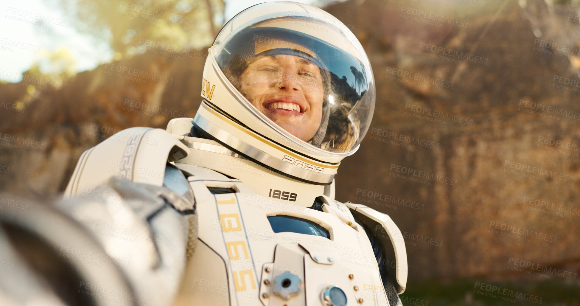 Buy stock photo Portrait, selfie and smile with astronaut woman outdoor in nature by mountain on earth for space exploration. Face, helmet and photograph with interstellar person on planet for adventure or discovery