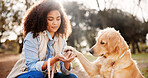 Portrait, woman and dog in park, smile and bonding together with happiness, comfort and cheerful. Face, outdoor and girl with pet lover, check paw and animal with trees, carefree and weekend break