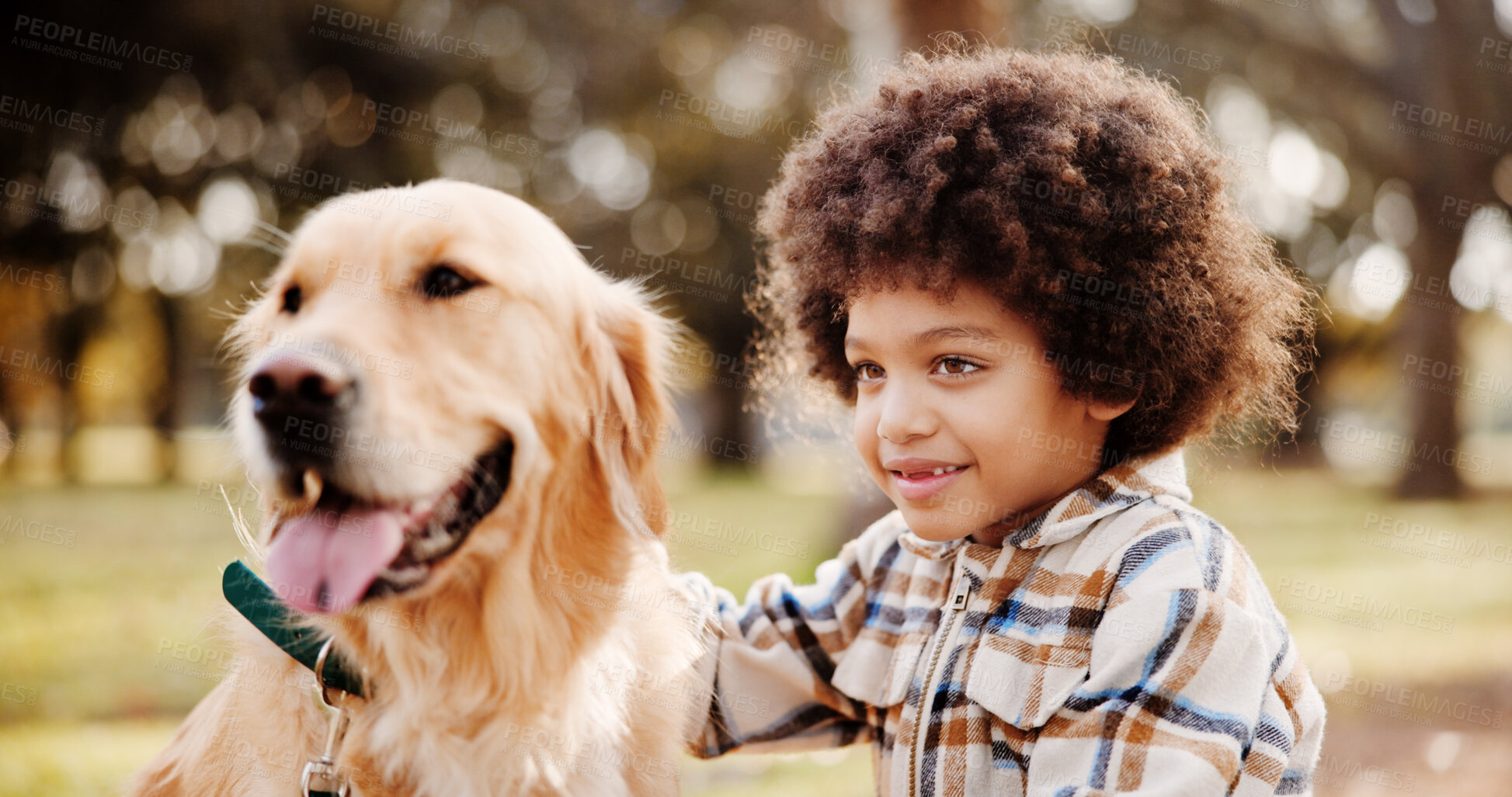 Buy stock photo Portrait, boy and dog in park, comfort and bonding together with happiness, weekend break and cheerful. Face, outdoor and kid with pet lover, childhood and animal with trees, carefree and smile