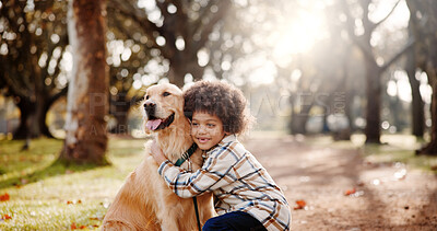 Buy stock photo Trees, boy and dog in park, hug and bonding together with happiness, comfort and cheerful. Sunshine, outdoor and kid with pet lover, childhood and animal with embrace, carefree and weekend break