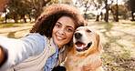 Selfie, hug and girl in park, dog and bonding together with nature, happiness and profile picture. Pet lover, person and woman with animal, best friend and cheerful with memory, outdoor and trees