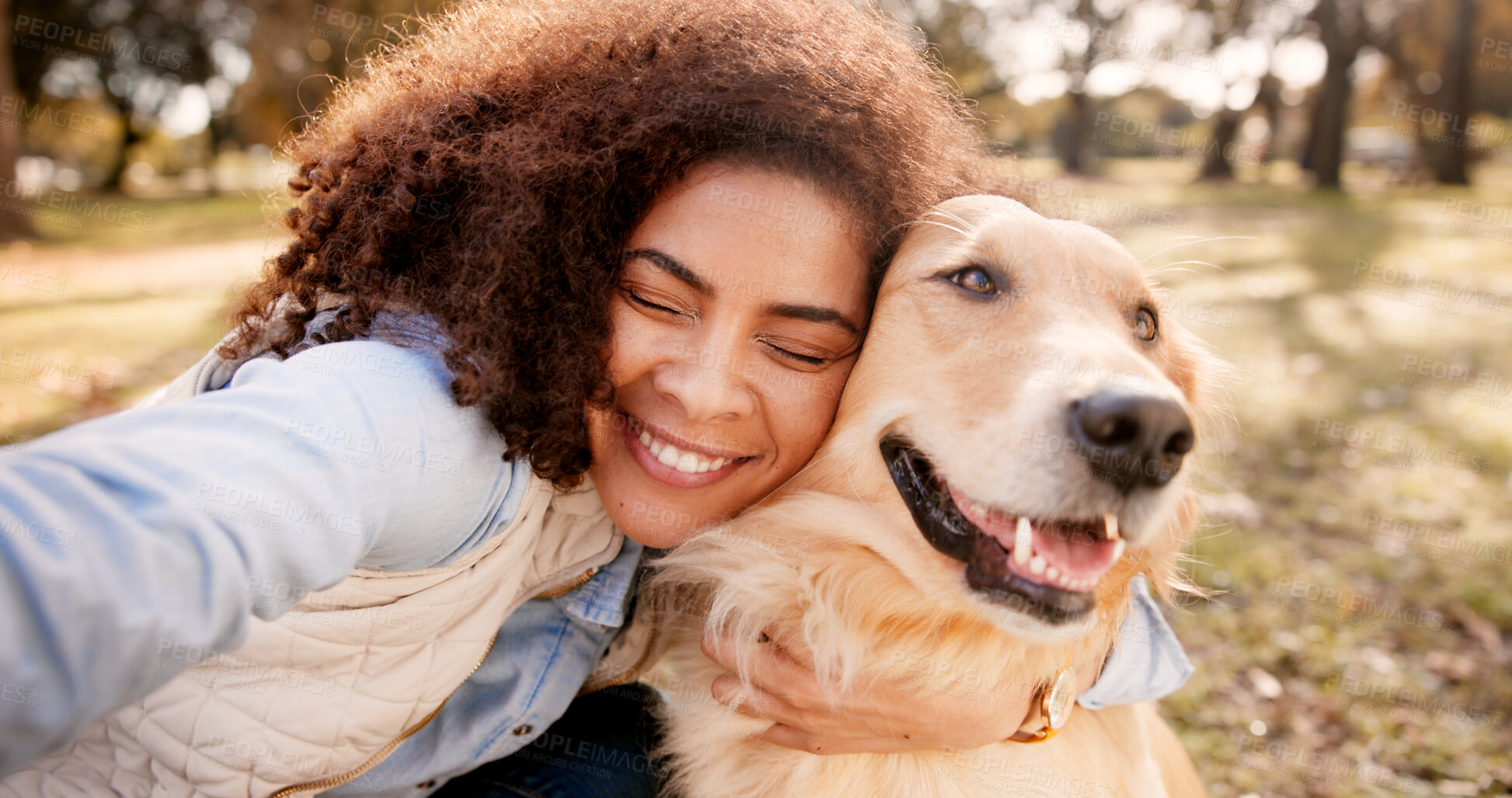 Buy stock photo Selfie, hug and woman in park, dog and bonding together with nature, happiness and kindness. Pet lover, person and girl with animal, best friend and cheerful with memory, outdoor and profile picture
