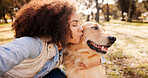 Selfie, hug and woman with dog, outdoor and bonding together with nature, happiness and kindness. Pet lover, person and girl with animal, best friend and cheerful with memory, park and kissing