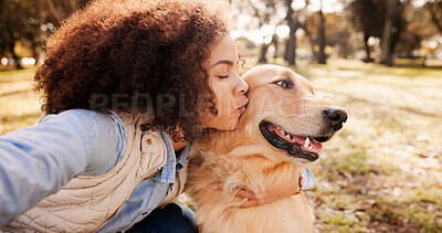 Buy stock photo Selfie, hug and woman with dog, outdoor and bonding together with nature, happiness and kindness. Pet lover, person and girl with animal, best friend and cheerful with memory, park and kissing