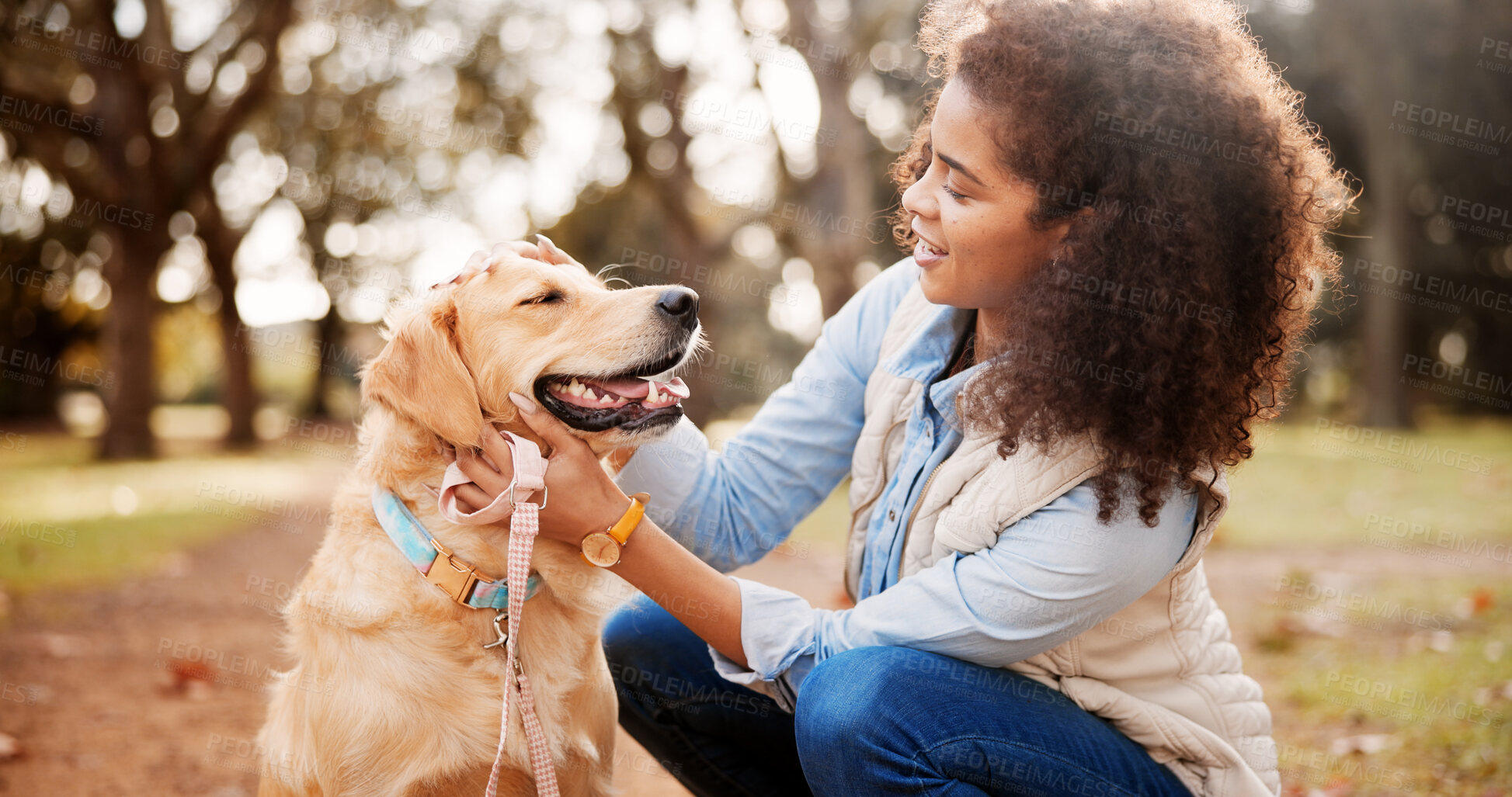 Buy stock photo Portrait, woman and dog in park, nature and bonding together with happiness, comfort and leash. Face, outdoor and person with pet lover, cheerful and animal with trees, carefree and weekend break