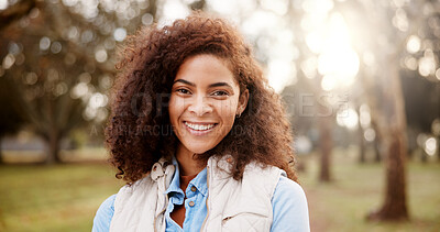 Buy stock photo Portrait, outdoor and woman with smile, nature and carefree with weekend break. volunteer and routine. Brazil, person and girl in park, cheerful and joy with trees, sunshine and holiday with freedom