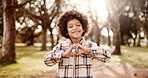 Portrait, outdoor and boy with heart hands, nature and support with smile, happiness and review. Face, childhood and kid in park, gesture and emoji with symbol for love, icon and kindness with trust