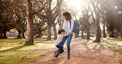 Buy stock photo Outdoor, mother and child with tantrum in park, behavior problem and fighting with parent in forest. Family, mom and angry boy with backpack for preschool, autistic kid and frustrated mama in nature