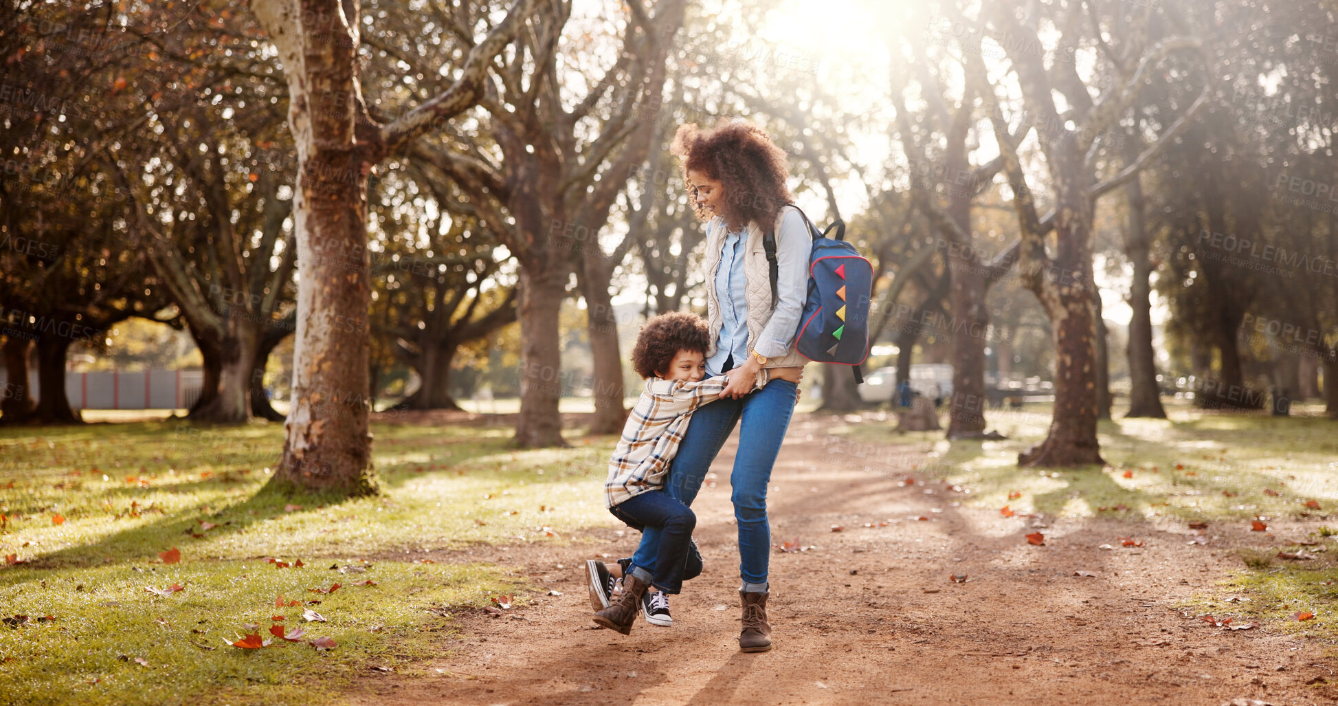 Buy stock photo Outdoor, mother and child with tantrum in park, behavior problem and fighting with parent in forest. Family, mom and angry boy with backpack for preschool, autistic kid and frustrated mama in nature