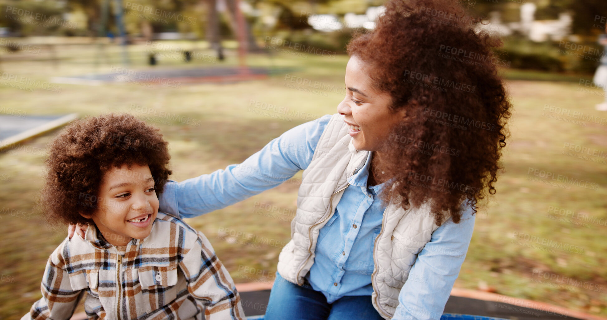 Buy stock photo Fun, playing and mom in park with child for bonding, outdoor fun and laughing on playground. Picnic, relax and happy woman with son in nature for playful morning together with love, support and trust