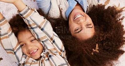 Buy stock photo Mother, child and happy to relax outdoor on blanket with bonding, autumn fun and together in nature. Family, woman and boy kid with top view in park for playing, fun activity and motherhood with love