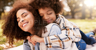 Buy stock photo Hug, playing and mom in park with child for bonding, outdoor fun and laughing on blanket. Picnic, relax and happy woman with son in nature for playful morning together with love, support and trust