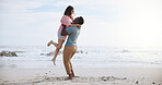 Love, energy and freedom with couple at beach for travel destination, summer and honeymoon vacation. Relax, tropical and adventure with man and woman on date for holiday, bonding and romance together