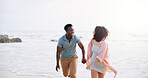 Love, holding hands and running with couple at beach for travel destination, summer and honeymoon vacation. Relax, tropical and adventure with man and woman for holiday, bonding and romance together