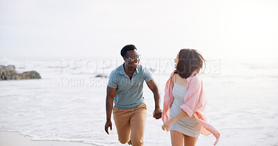 Buy stock photo Love, holding hands and running with couple at beach for travel destination, summer and honeymoon vacation. Relax, tropical and adventure with man and woman for holiday, bonding and romance together