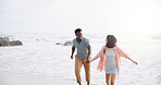 Happy, holding hands and walking with couple at beach for travel destination, summer and honeymoon vacation. Relax, tropical and adventure with man and woman for holiday, bonding and romance together