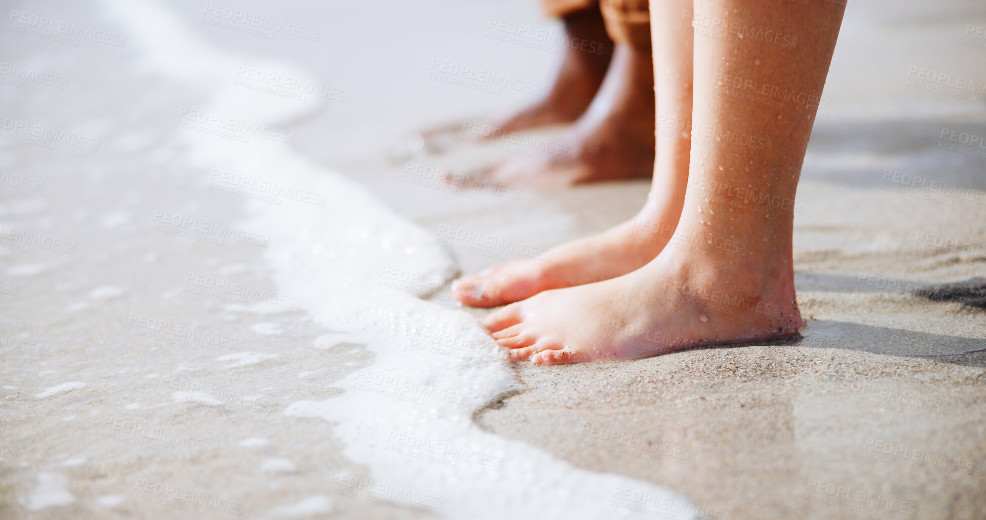 Buy stock photo Feet, sand and couple at the beach for holiday and summer vacation with travel by ocean. Hawaii, together and tropical with sea water and people legs on an island with freedom and sunshine outdoor