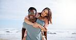 Laugh, piggyback and happy with interracial couple at beach for travel destination, summer and honeymoon vacation. Relax, tropical and adventure with man and woman for holiday, bonding or romance