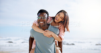 Buy stock photo Laugh, piggyback and happy with interracial couple at beach for travel destination, summer and honeymoon vacation. Relax, tropical and adventure with man and woman for holiday, bonding or romance