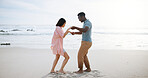 Love, dance and summer with interracial couple at beach for travel destination, smile and honeymoon vacation. Relax, tropical and adventure with man and woman on date for holiday, bonding and romance