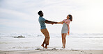 Love, dance and energy with interracial couple at beach for travel destination, summer and honeymoon vacation. Relax, tropical and adventure with man and woman on date for holiday, bonding or romance
