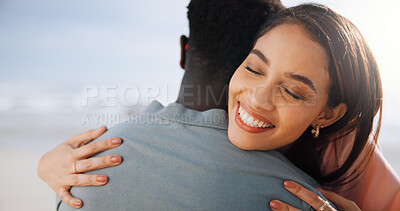 Buy stock photo Love, hug and support with couple at beach for travel destination, summer and honeymoon vacation. Relax, tropical and adventure with man and woman on date for holiday, bonding and romance together