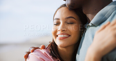 Buy stock photo Love, hug and smile with couple at beach for travel destination, summer and honeymoon vacation. Relax, tropical and adventure with man and woman on date for holiday, bonding and romance together