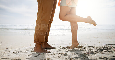 Buy stock photo Feet, sand and couple at the sea for beach holiday and summer vacation with travel by ocean. Hawaii, together and tropical with water and people legs on an island with freedom and sunshine outdoor