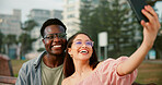 Smile, selfie and happy couple on bench in park with fun memory, social media post and interracial relationship. Love, photography and man with woman on romantic date with outdoor bonding together