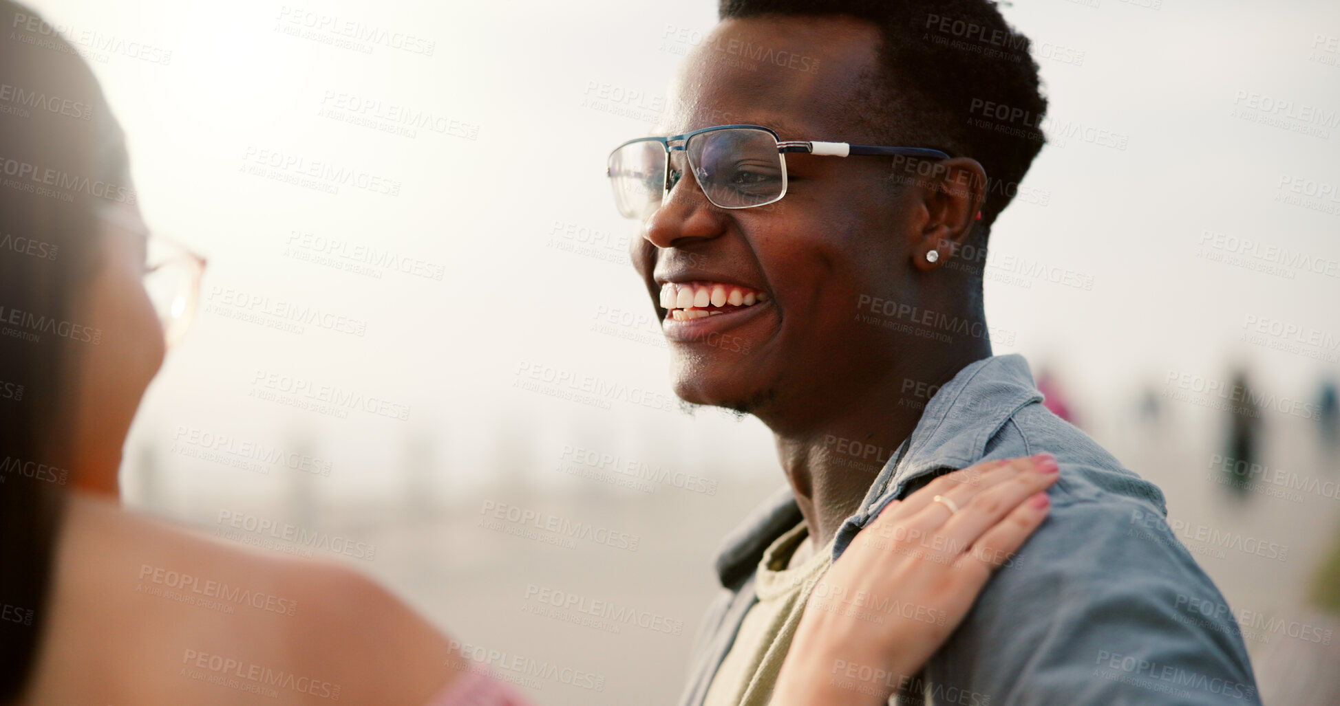 Buy stock photo Beach, smile and couple with love, care and travel with summer holiday, honeymoon and calm. Seaside, marriage and man with woman, vacation and bonding together with adventure, trust and relationship