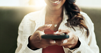 Buy stock photo Hands, phone and social media with happy woman on sofa in living room of home for communication closeup. App, smile and text message with person typing on mobile in apartment for online networking