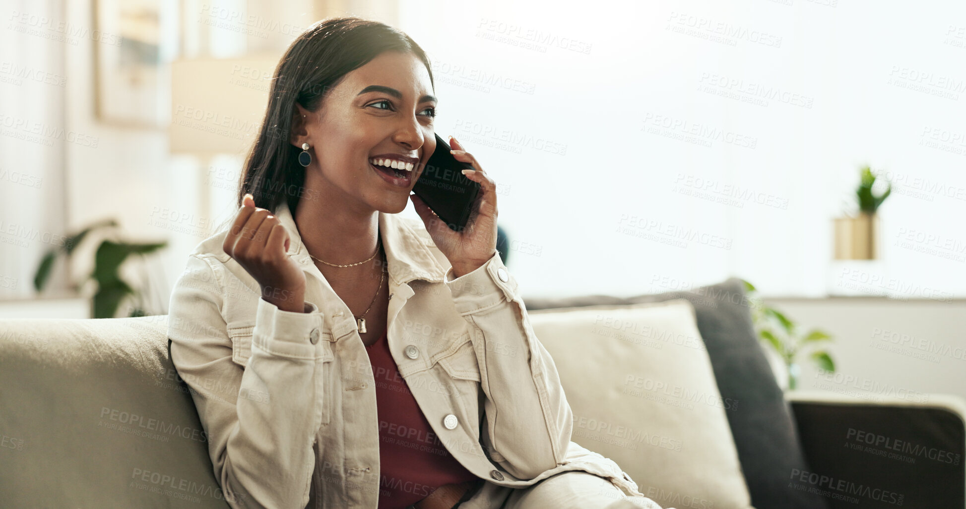 Buy stock photo Home, phone call and woman with celebration, smile and communication with network, excited and wow. Person, apartment and girl on sofa, smartphone and cheering with positive news, winner and success