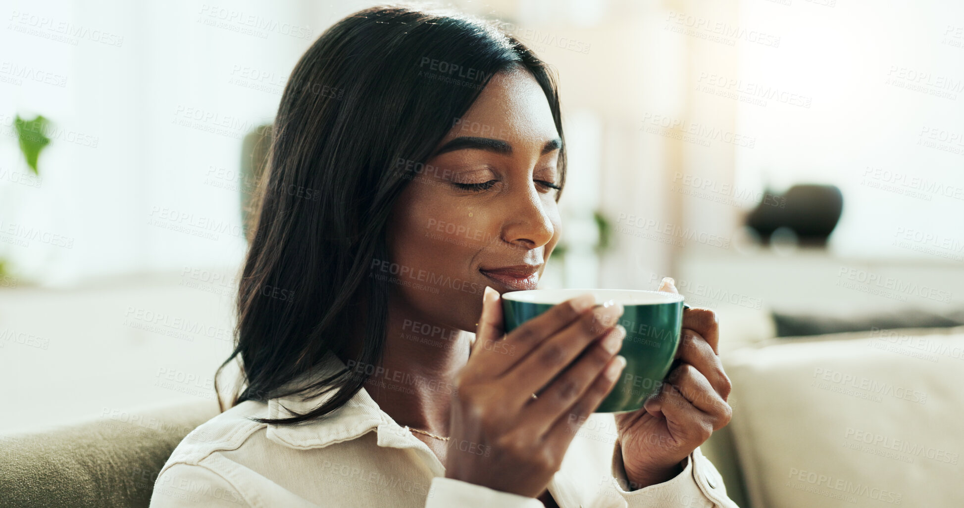 Buy stock photo Indian woman, coffee and morning with calm, relax and aroma in home with hot drink in living room. Idea, tea cup and latte on weekend with wellness and mug with memory and joy from reflection